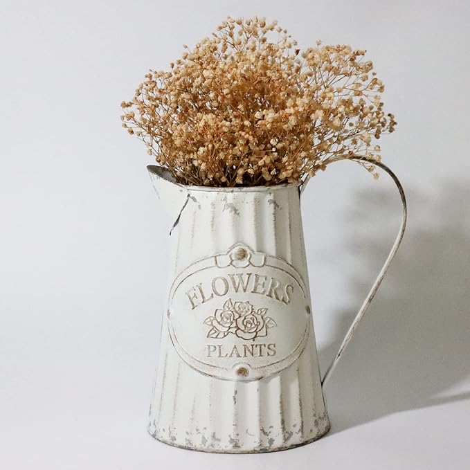 Galvanized Pitcher Antique Watering Can Retro Jug Metal Vase Rustic Vintage Primitive Pitcher Farmhouse Country Plant for Home Office Decor, 8.0”