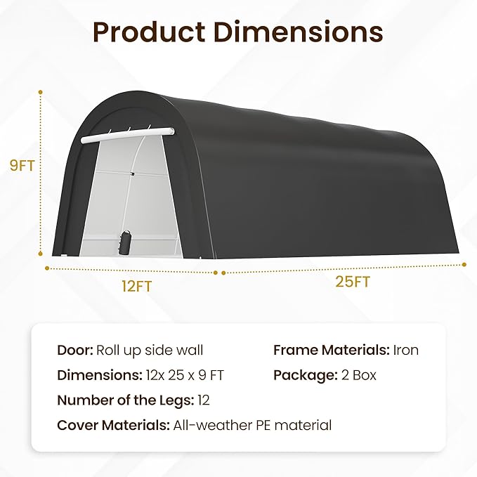 Kiss the Water Domed Carport with 4 Cloth Bags, Portable Garage with 2 Roll-up Doors, Heavy Duty Car Canopy Party Tent, All-Season Storage Shelter Shed for Boat, Truck, or Garden Tools, 12' x 25'