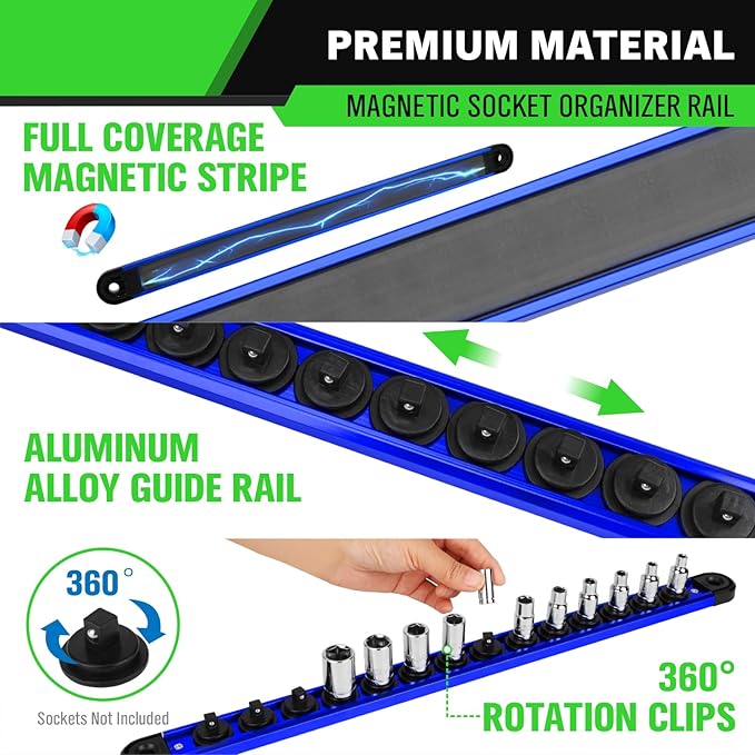 1/4-inch Magnetic Socket Organizer Rail, Aluminum Alloy Socket Rail, Heavy Duty Sockets Holder with 14 Clips, 360° Swivel Clip Tool Tray, Sockets Organizer for Tool Box Drawer (Blue)