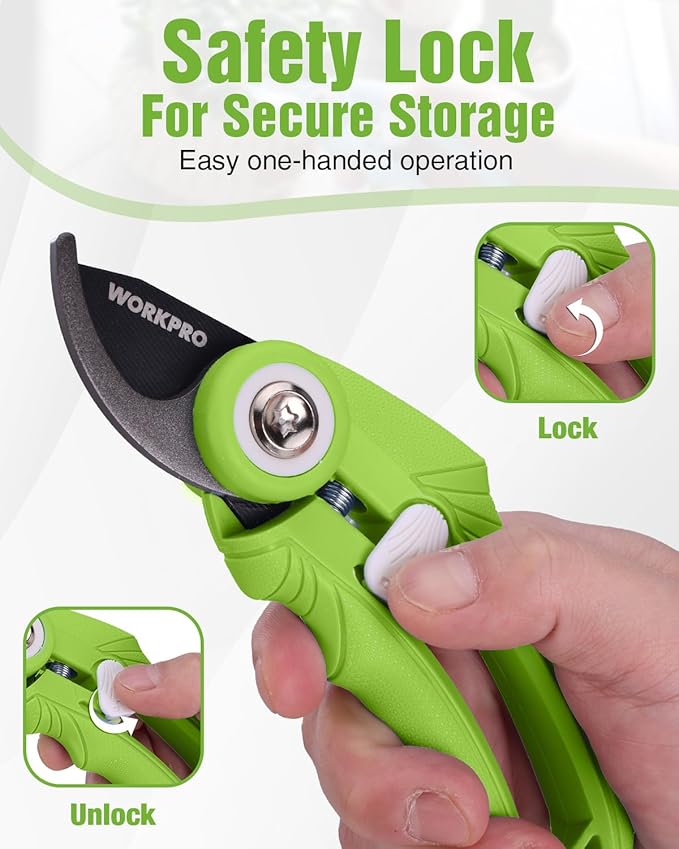 WORKPRO 6.9" Bypass Pruning Shears, Gardening Scissors with Sharp SK5 Steel Blade, Handheld Garden Floral Clippers for Rose, Plants, Flowers, Fruits Trees, Gardening Gifts for Women & Men, Green