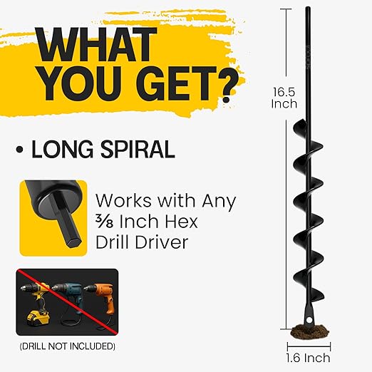 Sproot Garden Auger Drill Bit for Planting 1.6x16.5 Inch - Umbrellas and Fences Auger Post Hole Digger for Gardening and Spiral Bulb Planter Tool – 3/8 Inch Hex Drive Compatible