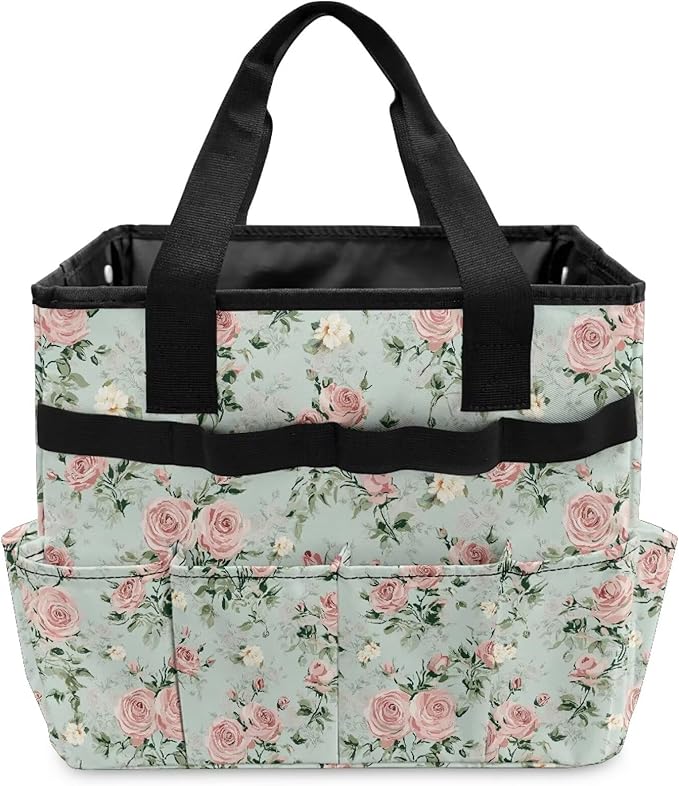 Rose Print Garden Tool Bag Portable Gardening Tool Organizer Bag with 10 Pockets and Handle Tool Carrier and Storage for Garden Lawn Yard Casual Camp