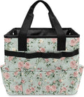 Rose Print Garden Tool Bag Portable Gardening Tool Organizer Bag with 10 Pockets and Handle Tool Carrier and Storage for Garden Lawn Yard Casual Camp
