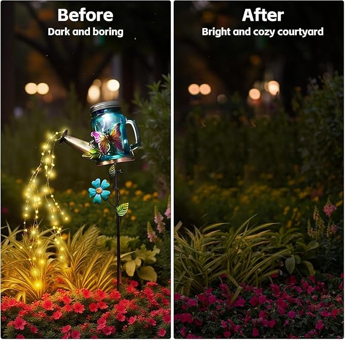 SRNPMIU Solar Watering Can Light, Yard Outdoor Decor Lights, IP65 Waterproof, Hanging Butterfly Garden Light, Outside Garden Flower Bed Decor, Women Gift, Birthday Gifts