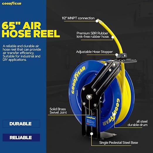 Goodyear Air Hose Reel Retractable 1/2" Inch x 65' Foot SBR Rubber Hose Max 300PSI Heavy Duty Industrial Steel Single Arm Construction