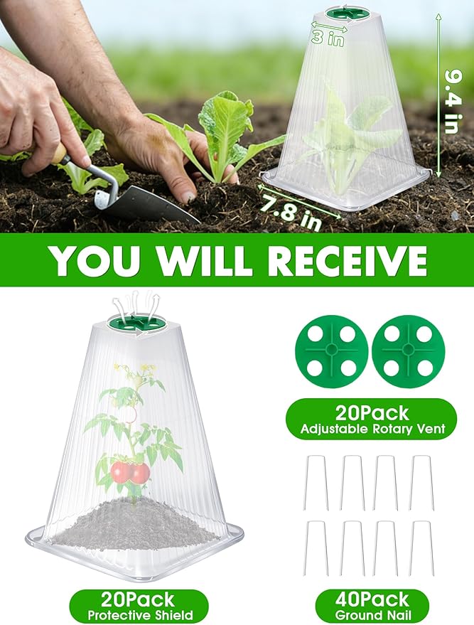 20 Pack Garden Cloches for Plants,9.4" H X 7.8" D Reusable Bell Plant Protector with 40 Ground Stakes and Rotary Vent Cover,Plant Covers Freeze Protection from Animals Snails Birds Chickens (White)
