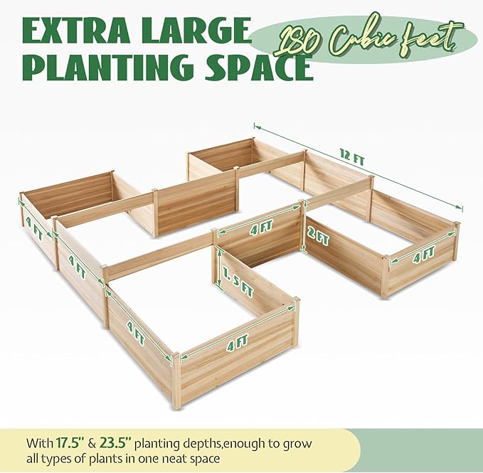 SPECRAFT H-Shaped Raised Garden Bed, 12x12x2 ft, Double-Layer Wooden Planter Box for Outdoor Patio Garden，180 cu. ft Capacity