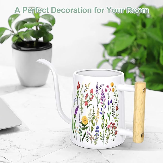 Watering Can Indoor Plants, 35 oz/1000 ml Metal Stainless Steel Watering Can Pot with Long Spout for Indoor House Plants Bonsai Outdoor Garden Flower Decorative White Flowers