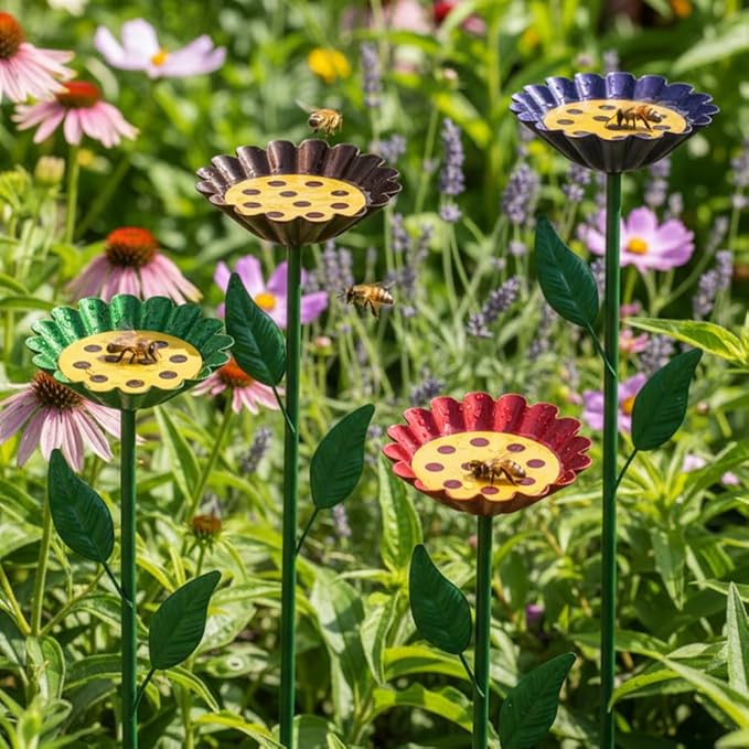 DREAMYSOUL 4 Pack Bee Watering Station, Colorful Metal Bee Bath and Feeder Set for Outdoor Garden Yard