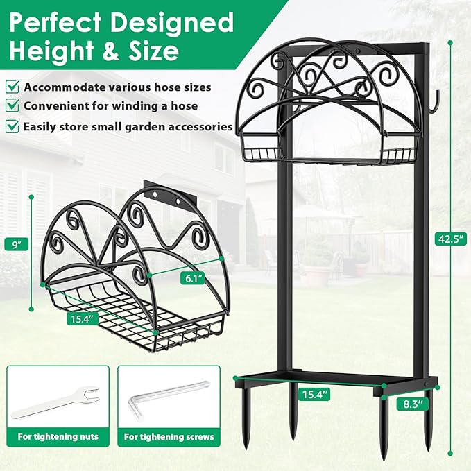 TomCare Garden Hose Holder Heavy Duty Water Hose Holder Holds 160 FT Hoses 4 Spikes Hose Reel Freestanding Hose Hanger Sturdy Hose Storage Stand for Outside Yard Lawn