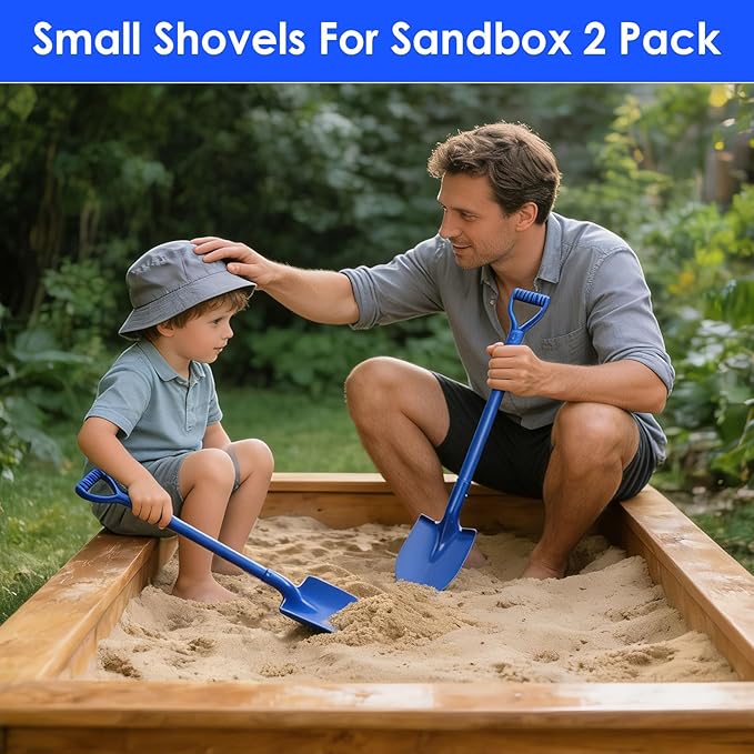 2 Pack Metal Beach Sand Shovels for Kids, 27 Inch Heavy Duty Small Shovels for Digging, Camping, Gardening, Planting, Mini Spade with D-Grip Handle, Blue