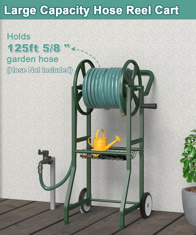 Garden Hose Reel Cart with Wheels, Outdoor Heavy Duty Powder Coated Steel Water Winder Storage Holds 125 ft 5/8" Hose with 3.9ft Leader Hose and Basket for Backyard, Yard, Lawn, Green