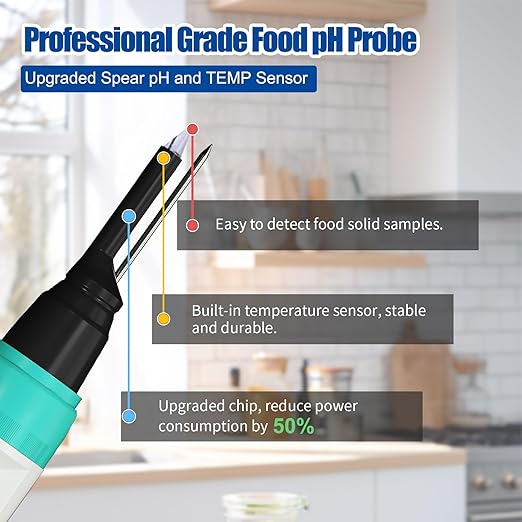 Food pH Meter, Digital Waterproof pH Tester with High Accuracy pH/Temperature Probe, Ideal for Sourdough, Cheese, Solid Samples, and Liquid Foods, 0.01 Resolution