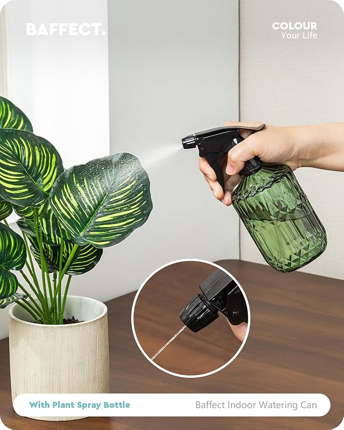 Baffect Indoor House Plants Watering Can Set, Include 41oz Metal Long Spout Watering Can & 13.5oz Dark Glass Misting Spray Bottle, Water Spray Bottle with Adjustable Nozzle Ideal for Bonsai, Orchid