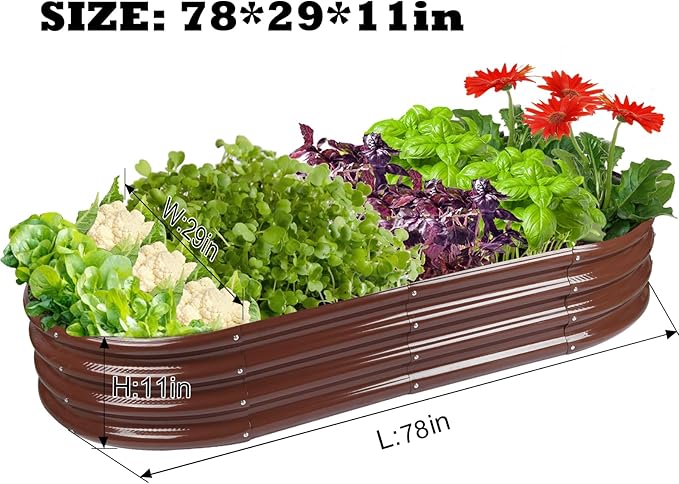 Raised Garden Bed GRS Certified Galvanized Planter Box Outdoor, 6.5ft Oval Rot-Resistant Metal Garden Bed Planter, Recycled Eco-Friendly Material Planter for Vegetables Flowers Herbs (Brown)