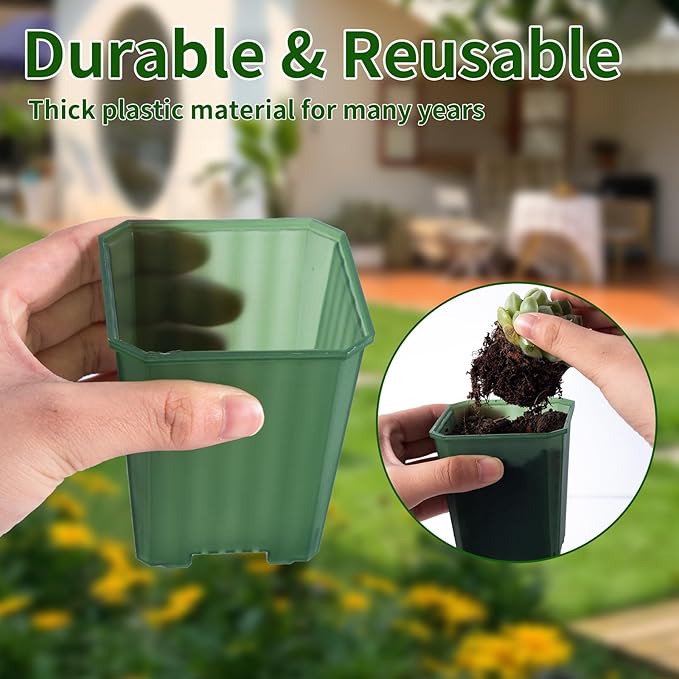 foxany 3 Inch Transparent Green Nursery Pots, 30 Pcs Thick Plastic Plant Pot, Square Flower Planting Pots Variety Pack, Seedling Planter Starter Pots with Saucers for Garden