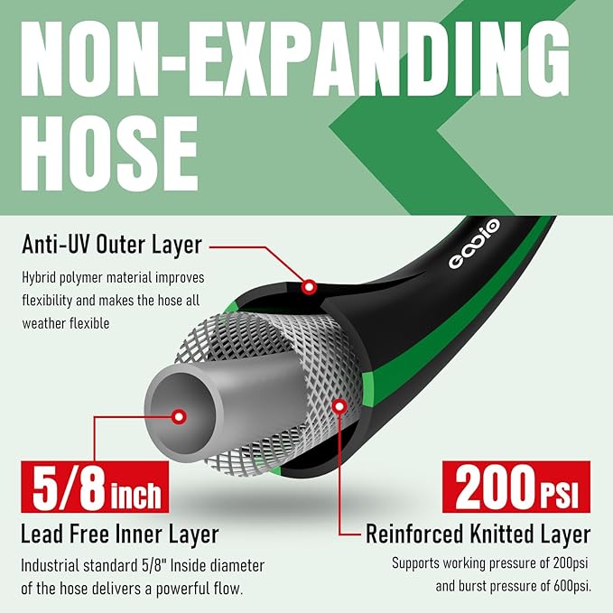 Heavy Duty Garden Hose 25 ft, NON-EXPANDABLE Water Hose with 10 Function Spray Nozzle, Lightweight Kink-less Hybrid Hose with Swivel Handle, Male to Female Fittings