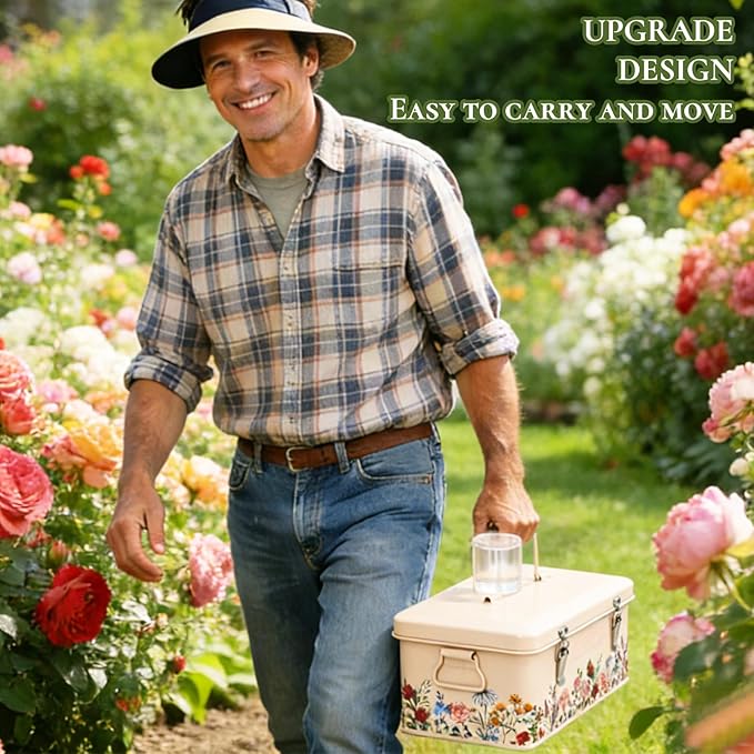 JarThenaAMCS Spring Wildflower Seeds Storage Organizer Metal Seed Saving Box 4 Dividers Vintage Floral Seed Packet with 50 Seed Kraft Envelopes 50 Blank Plant Label Stakes 1 Marker Pen for Home Garden