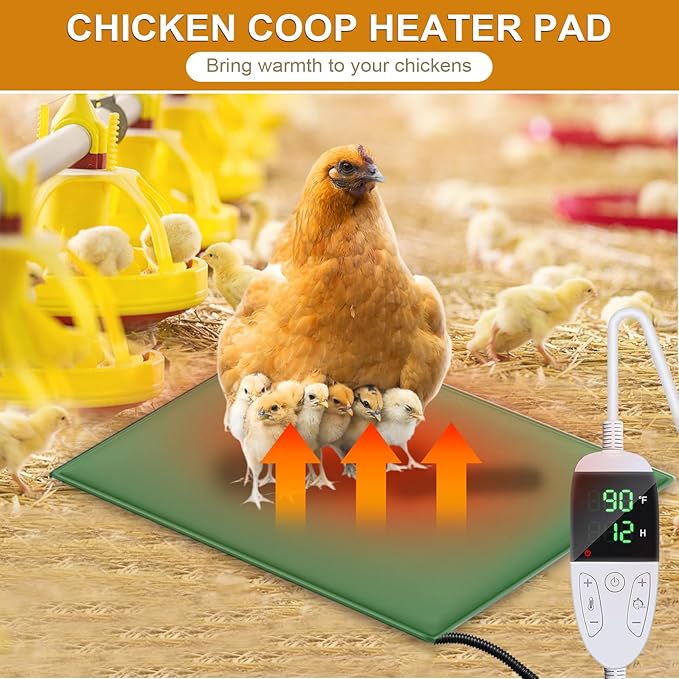 Chicken Heating Pad Chick Brooder Pad Poultry Heated Mat Adjustable Digital Thermostat Brood Heater Blanket with Timer Anti Bite Warmer Bed for Small Animal Pet 15.7 x 23.6 in Green