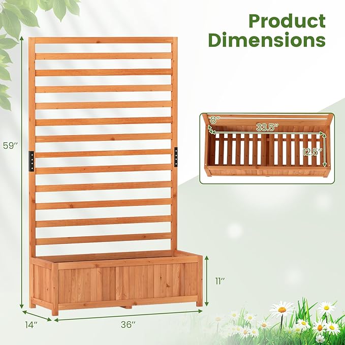 HAPPYGRILL Raised Garden Bed with Trellis, 59" Tall Wooden Elevated Planter Box w/Liner, Drainage, Detachable Base Panel for Climbing Plant Vine Flower, Outdoor Planter w/Trellis for Patio (2)