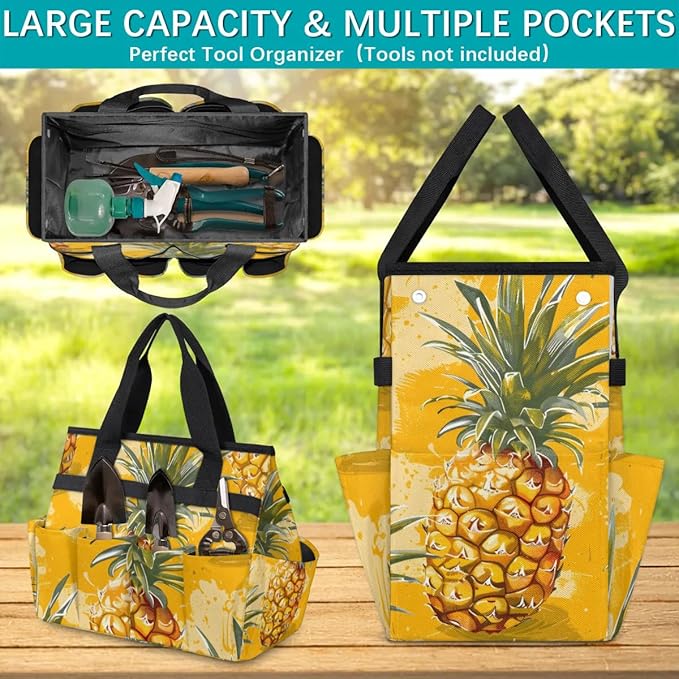 Garden Tool Bag Organizer Garden Tote Bag with Pockets Doodle Pineapple Tool Storage Organizer Gardening Tool Kit Holder 13" x 6.8" x 2.8"