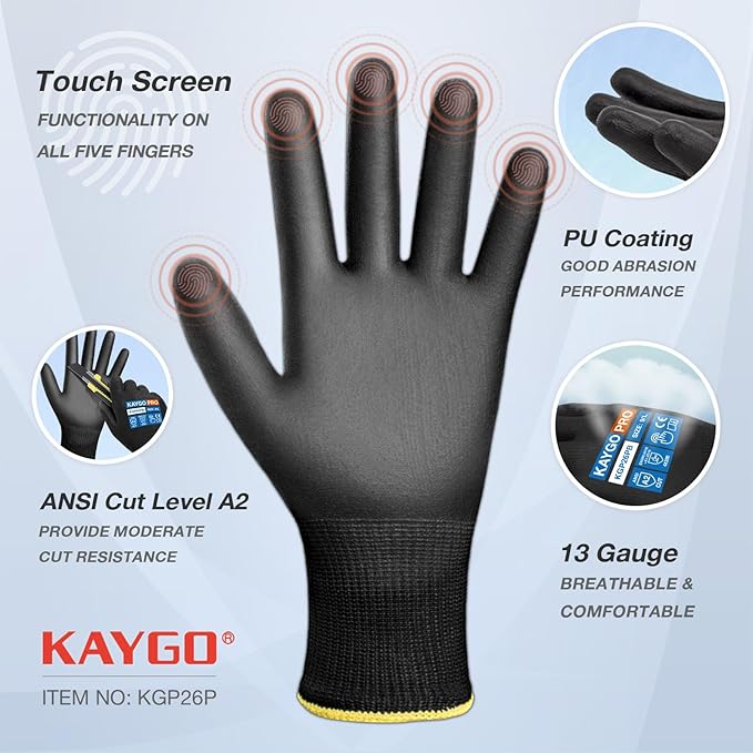 KAYGO Cut Resistant Gloves PU Coated, 12 Pairs Safety Work Gloves with full fingers Touchscreen, ANSI Cut Level A2, for Men and Women, Ideal for General Duty Work KG11P, Black,L