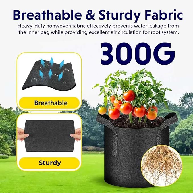 iPower 10 Gallon 5 Pack Grow Bags Nonwoven Fabric Pots Aeration Container with Strap Handles for Garden and Planting, 5-Pack Black, 10 Gallon