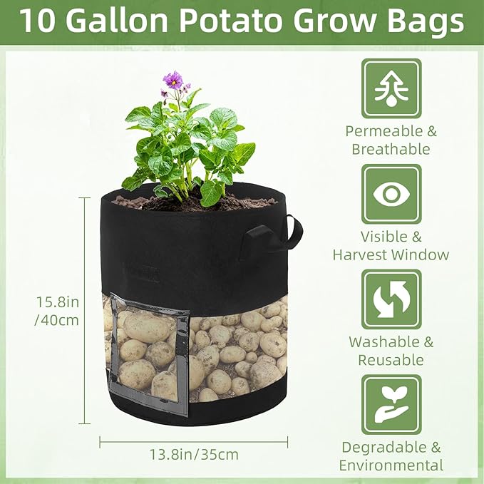 6 Pack 10 Gallon Visible Potato Grow Bags, Thickened Nonwoven Fabric Pots Potato Growing Containers with Handles & Visible Flap, Plant Grow Bags for Growing Potatoes, Tomatoes, Flowers, and Vegetables