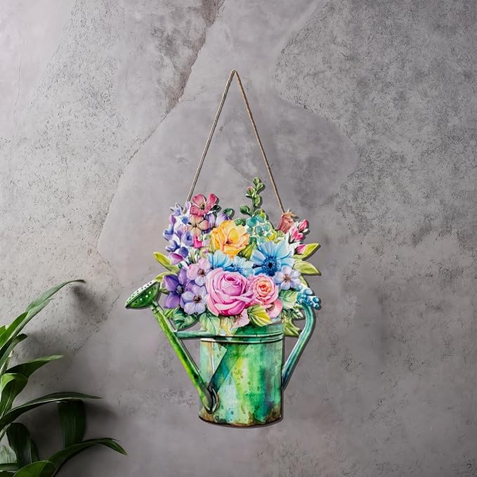Quterhero Watering Can Flower Wall Decor, Metal Hanging Art for Indoor Outdoor Wall or Porch, Vintage Farmhouse Porch Decor Gift for Mom, Women, Friends(Cherry Blossom)
