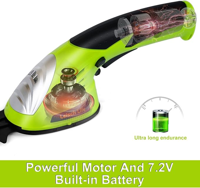 Leisch Life Cordless Grass Shear & Shrubbery Trimmer - 7.2V 2 in 1 Handheld Hedge Trimmer Electric Grass Trimmer Hedge Shears w/Pruning Scissor Rechargeable Lithium-Ion Battery and Charger Included