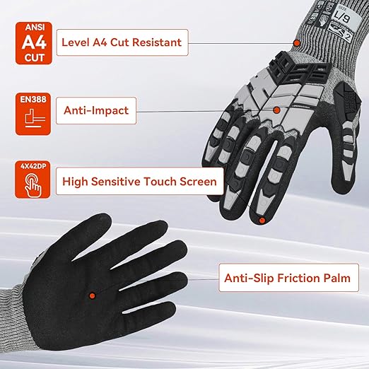 Safety Work Gloves, Impact Gloves for Men Women, Cut Resistant Non-Slip Heavy Duty Gloves with Nitrile Grip, Touch Screen Glove with Impact Protection for Mechanic Construction, X-Large, Grey