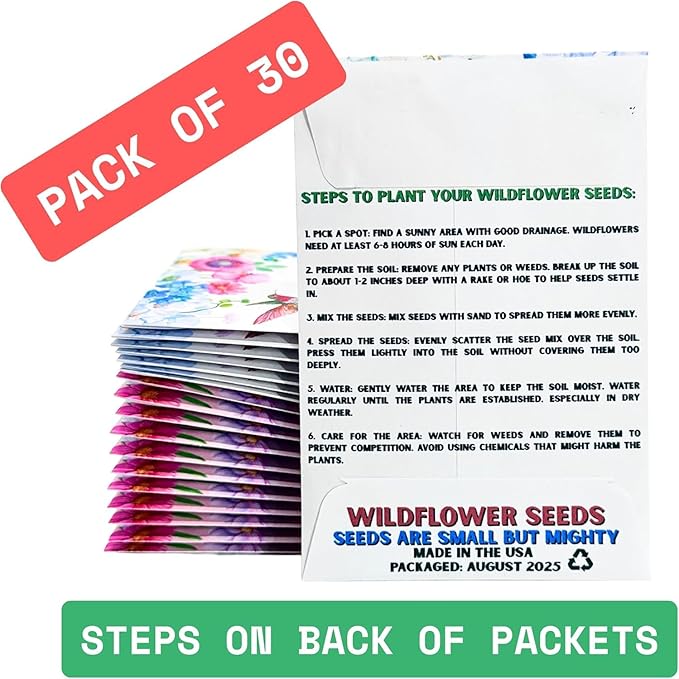 Wildflower Seed Packets Help The Pollinators Party Favors (Pack of 30) - Bee Friendly & Pollinator Wildflower Seed for Planting Gardening