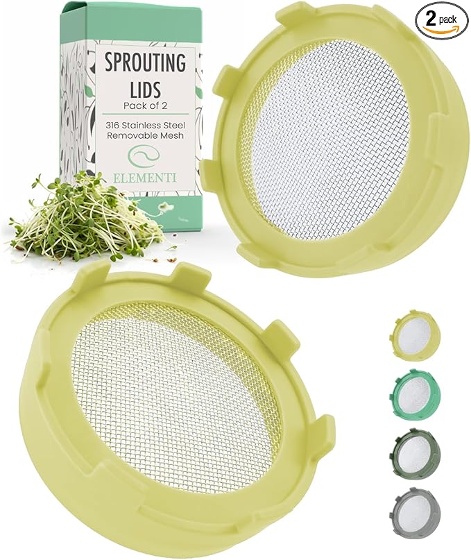 Elementi Sprouting Jar Kit for Wide Mouth Mason Jars, Set of 2 Sprouting Lids for Organic Sprouts, Alfalfa & Mung Bean Sprouts Grow Kit, 316 Stainless Steel Mesh Screen Lid (Yellow)