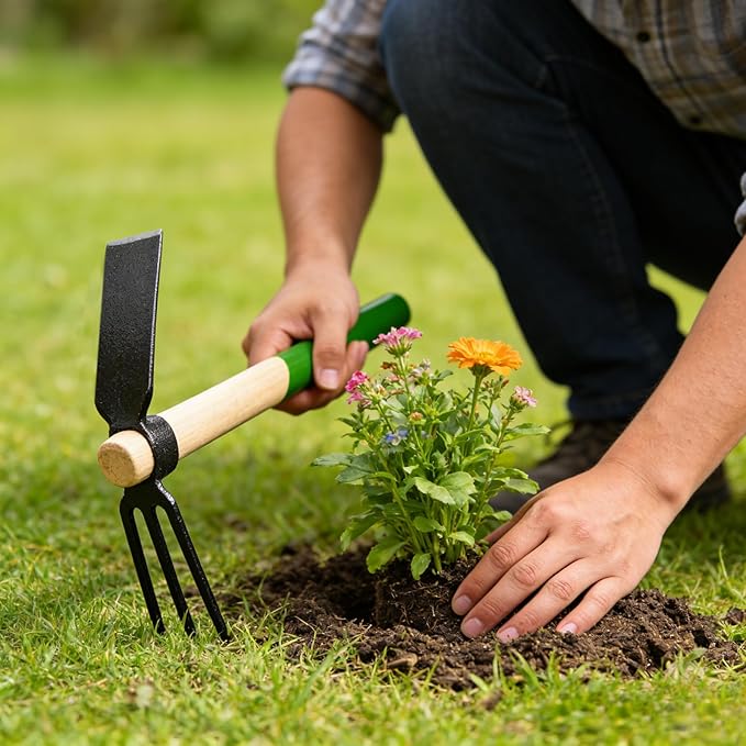 SPEEDWOX Hoe and Cultivator Hand Tiller Hoe Cultivator 2 in 1 Hand Garden Tools with Wooden Handle Sturdy 3 Claw Tiller Carbon Steel Heavy Duty for Loosening Soil, Weeding, Cultivating and Digging