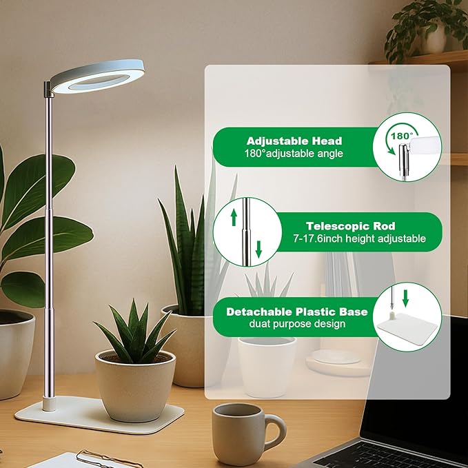 Dual-Use Ring Grow Light for Plants, Full Spectrum LED with Auto Timer, 5-Level Dimmable, Adjustable Height 7-17.6 Inches for Indoor Plants, Succulents, Greenhouse 3 Pack