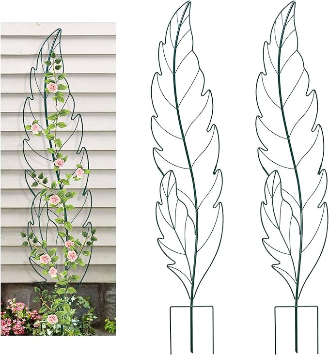 Metal Garden Trellis Plant Support Trellis for Climbing Vines Floral Vegetables Metal Trellis -Green Leaf Trellis Garden Decor Set of 2（Green）