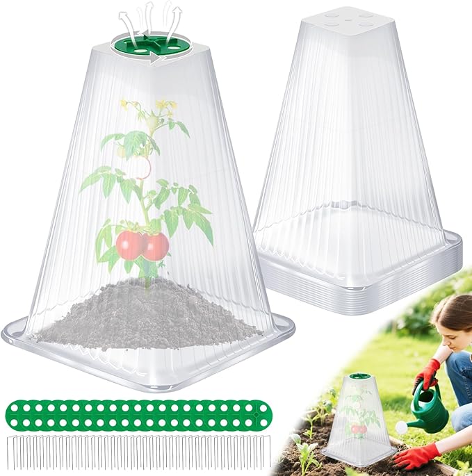 20 Pack Garden Cloches for Plants,9.4" H X 7.8" D Reusable Bell Plant Protector with 40 Ground Stakes and Rotary Vent Cover,Plant Covers Freeze Protection from Animals Snails Birds Chickens (White)