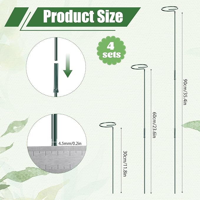 4 Pcs Plant Support Stakes, 12/24/36 Inch Adjustable Plant Support Stake Metal Round Ring Flower Supports Stakes Indoor Outdoor for Orchid, Peony, Rose, Amaryllis