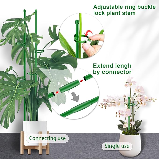 6Pcs Plant Support Stakes 17 inch SupKing Garden Orchid Sticks Extended to 3ft 4ft 5ft Plant Poles with Clips for Indoor Outdoor Potted Tomato Rose Amaryllis Vegetables Comes with 20 Ties（Green）