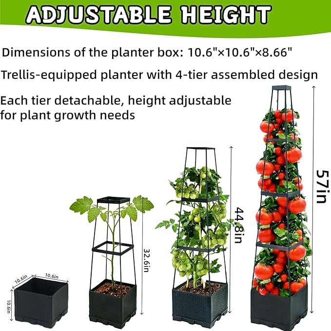 2Pcs Raised Garden Bed Tomato Planter Box with Trellis, 57 Inch Self-Watering Large Tomato Cage for Patio Garden Pots, Climbing Plants Cucumber Vine Vegetables Flowers Outdoor & Indoor