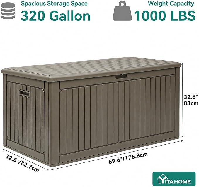 YITAHOME 320 Gallon Double-Wall Deck Box with Divider & Side Handles, Outdoor Large Storage for Patio Furniture Cushions, Garden Pool Accessories, Water Resistant & Lockable