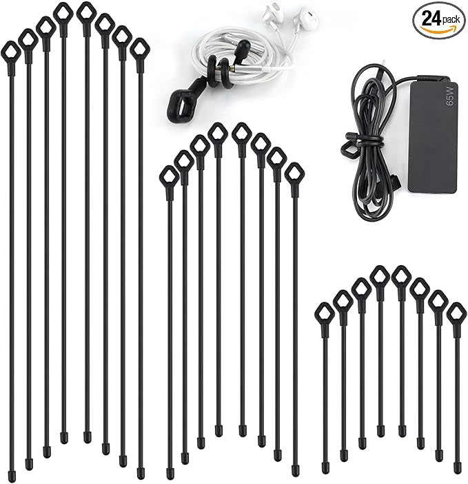Silicone Cable Ties with Holes, 24PK Reusable Twist Ties for Bundling - 6in, 12in, 18in - Indoor/Outdoor Use (Black)