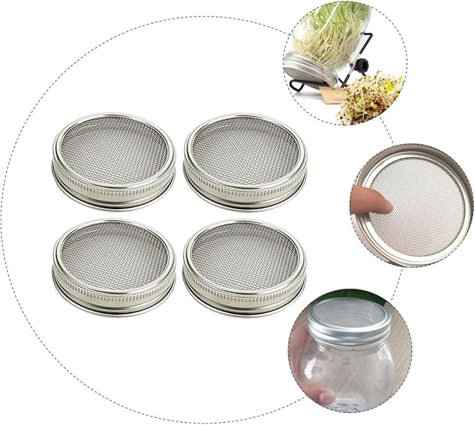 BESPORTBLE 4pcs 86mm Mason Jar Sprouting Lids Stainless Steel Mesh Strainer Covers Versatile Sprouting Accessories for Home Gardening and Seed Germination