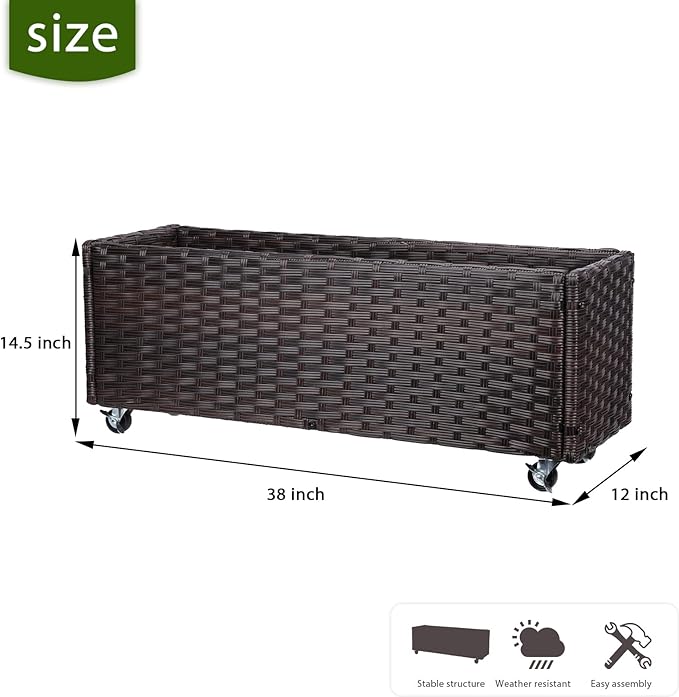 Raised Garden Bed with Wheels - Rattan Wicker Elevated Raised Garden Bed Outdoor Raised Planter Box for Vegetables Grass Lawn Yard, 38 x 14.5 x 12 in, Brown