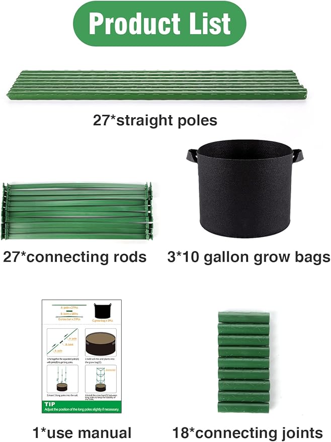 ANPHSIN 3 Sets Tomato Cages with 10 Gallon Grow Bags - 48" Stable Plant Garden Planter, Flowers Vegetable Trellis Pots for Tomato Vertical Climbing Plants Vines