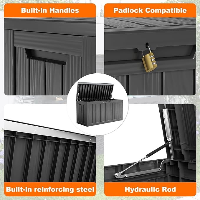 Waterproof Outdoor Storage Box, 86 Gallon Lockable Deck Box, UV-Resistant Outside Storage Bin With Hydraulic Lid For Patio Furniture, Cushion Organizer, Garden Tools, Pool Accessories, Black