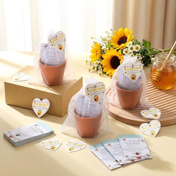 Ctosree 24 Sets Bee Teacher Appreciation Gifts Thank You for Helping Me Grow Gifts Seed Packets Bulk Adhesive Seed Packets Flowerpot Organza Bags for Graduation Daycare Teacher Thank You Party Favors