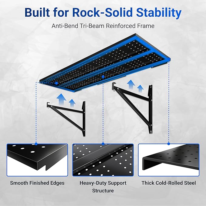 FLEXIMOUNTS 2-Pack 1x3ft Garage Shelving 14-inch-by-34-inch Perforated Wall Shelf, Heavy Duty Garage Storage Rack with 700 lbs Load Capacity, Wall Mounted Organization System for Tools, Heavy Bins