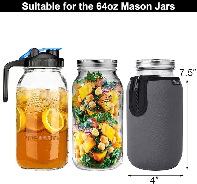 Beautyflier Wide Mouth Mason Jars 64oz Sleeve, Large Clear Glass 2 Quart Insulators Covers, Wide Mouth Half Gallon Sprouting Mason Jars Blackout Sleeves, Bottle Not Included (Gray)