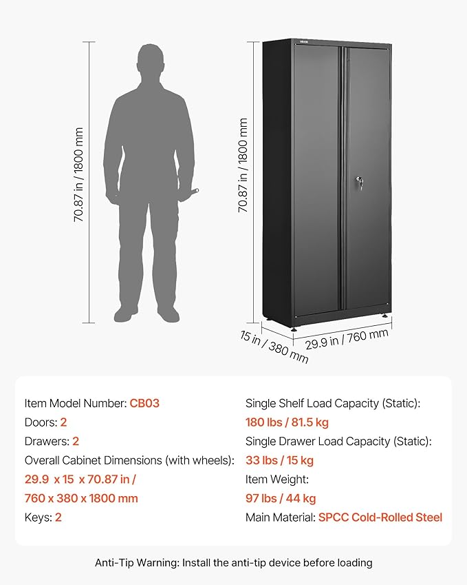 VEVOR Metal Storage Cabinet, 180 lbs Shelf Load Capacity, 70.87" Tall Garage Tool Storage Cabinet with 2 Locking Doors, Adjustable Shelves, 2 Drawers, Pegboard, for Garage, Home, Office, Utility Room